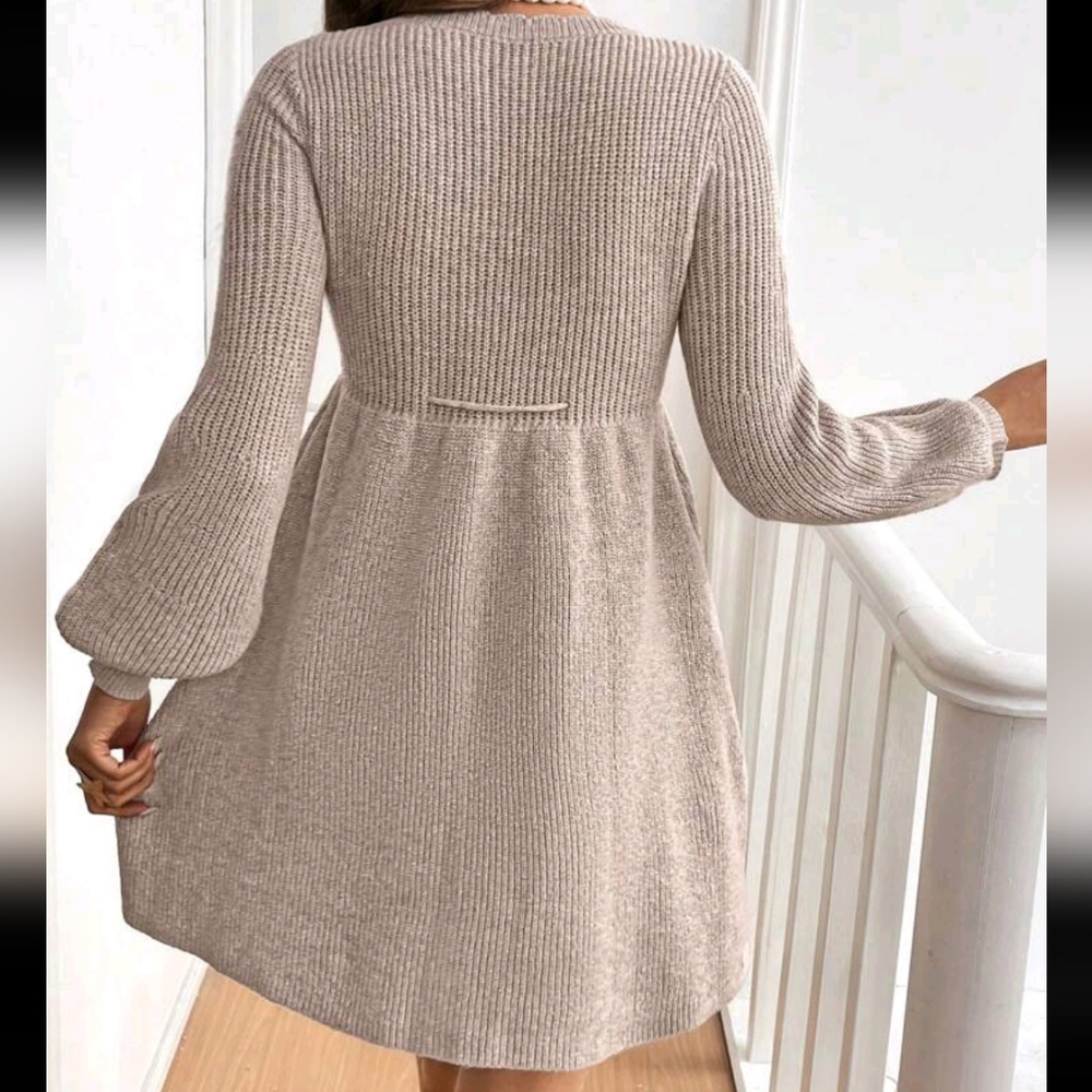 Women's Casual Simple Shell Trim Drawstring Waist V-Neck Lantern Sleeve Sweater - Picture 2 of 4
